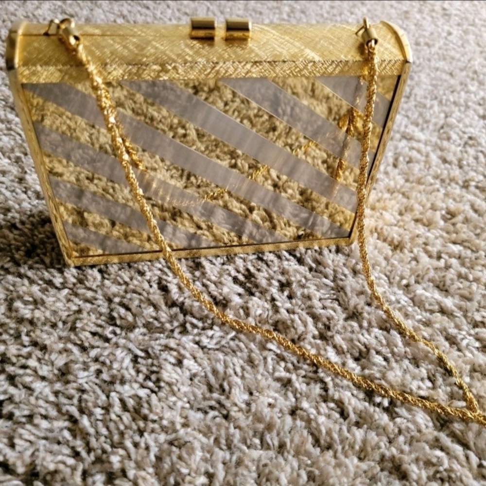 Vintage Chic Women's Gold Chain Striped Evening Mirror Hard Body Clutch Purse